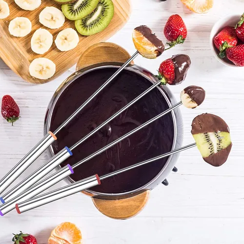 Miniatura 2 de 6 tenedores para fondue de acero inoxidable, 9.5 pulgadas, codificación de colores, juego de 6 para olla caliente, barbacoa, frutas, verduras