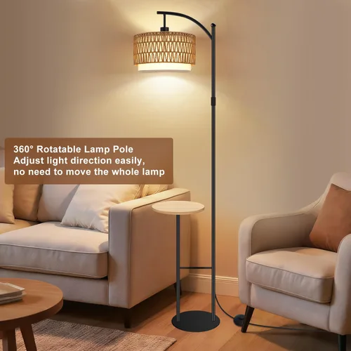 Miniatura 9 de Lámpara de pie de arco con mesa, lámparas de pie de ratán boho para sala de estar con control remoto regulable 3 temperaturas de color, lámpara