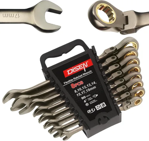 DISEN Juego de llaves de trinquete de 90 dientes, 8 piezas, juego de llaves de trinquete de cabeza flexible métrica 8 10 12 13 14 15 17 19 mm,