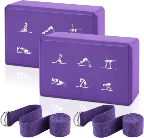 Miniatura 10 de Juego de 2 bloques de yoga y 2 correas de yoga, bloques de espuma EVA antideslizantes, ladrillos de yoga de alta densidad con correa de 6 pies, Negro