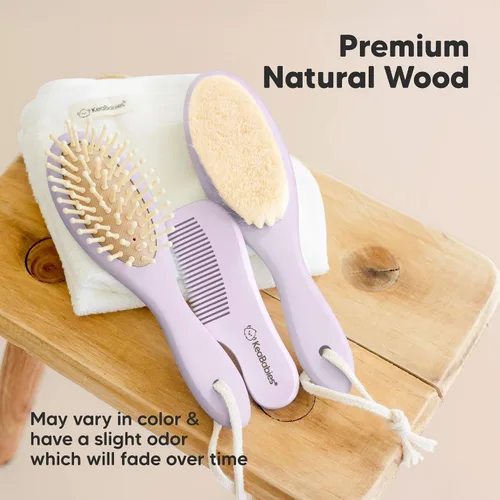 Miniatura 7 de Set de cepillo y peine para bebé recién nacido - Set de cepillo de pelo de madera para bebé con cerdas suaves de cabra, set de cepillo de bebé