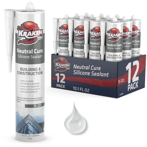 Kraken Bond Sellador de silicona transparente de curado neutro, (12 x 10.1 onzas líquidas), sellador impermeable con bajo contenido de compuestos