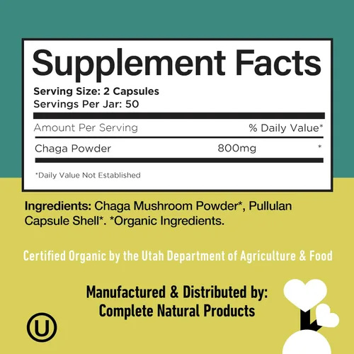 Miniatura 6 de Complete Natural Products Cápsulas orgánicas de hongos Chaga - 100 unidades, poder antioxidante orgánico, refuerzo inmunológico, apoyo intestinal
