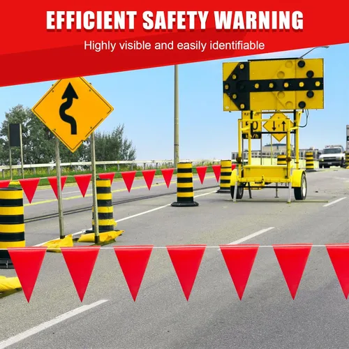 Miniatura 4 de Banderas de advertencia de seguridad de 105 pies – Banderas triangulares multiusos de alta visibilidad para valla exterior, trabajos en carretera