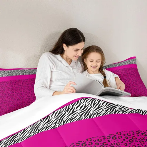 Miniatura 3 de Juego de edredón Manfei Leopardo Rosa Tamaño Individual, Juego de ropa de cama con estampado de cebra negro y blanco 2 piezas para decoración