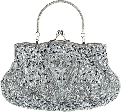 Miniatura 8 de Bolso de noche de diseñador floral con cuentas de lentejuelas diseño vintage besos cerradura satén embrague bolso bolso de mano de boda fiesta