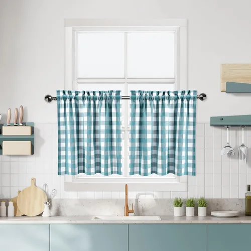 Miniatura 10 de Cortinas de Cocina Estilo Granja de Cuadros Vichy Blanco y Negro de 24 Pulgadas de Largo, Cortinas de Café de Media Ventana de Cuadros Buffalo