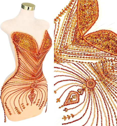 Miniatura 5 de Parches de cristal con cuentas grandes hechos a mano con diseños de apliques de diamantes de imitación para vestido formal de baile (L10-naranja)