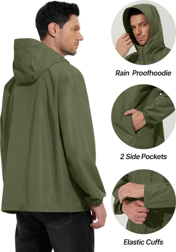 Miniatura 6 de UIQUR Chaqueta impermeable para hombre, ligera, rompevientos, impermeable, ciclismo, correr, senderismo, equipamiento con capucha plegable