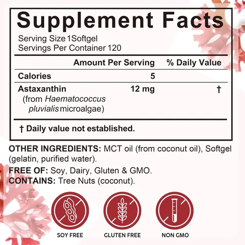 Miniatura 7 de Astaxantina 12 mg, 120 cápsulas blandas (suministro para 4 meses), procedente de microalgas frescas de Haematococcus Pluvialis, apoya la salud
