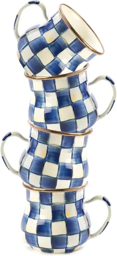 Miniatura 16 de MACKENZIE-CHILDS Taza de esmalte, linda taza de café y té de esmalte, vajilla única, 16 onzas, cuadro de corte negro y blanco, juego de 4
