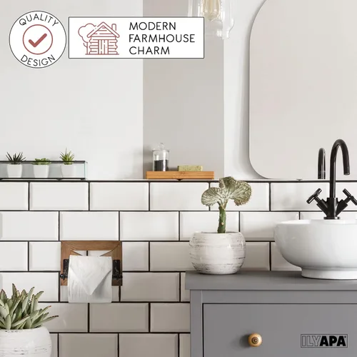Miniatura 7 de Ilyapa Juego de soporte de papel higiénico rústico con toallero para baño, estantes de pared - Barra de madera de granero y metal negro, decoración