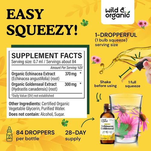 Miniatura 3 de Wild & Organic Echinacea Goldenseal - Suplemento de apoyo inmunológico con extracto de raíz de equinácea de sello dorado, tintura vegana, sin azúcar