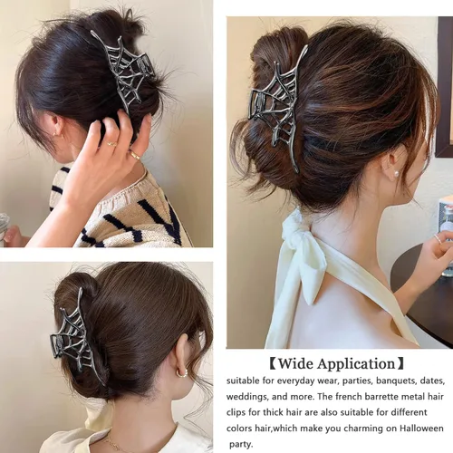 Miniatura 5 de Accesorios para el cabello de Halloween de metal negro – Pinzas para el cabello de telaraña y horquillas para mujeres y niñas, clips antideslizantes
