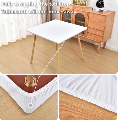Miniatura 2 de Mantel ajustado blanco con elástico para mesas plegables de 48x48 pulgadas, manteles lavables y elásticos de elastano para mesas de cartas, manteles