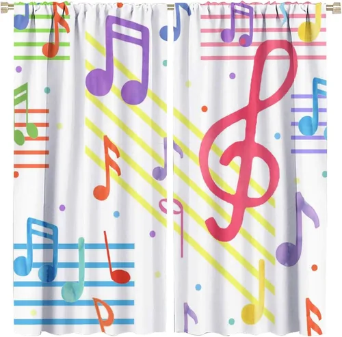 Cortinas de notas musicales geniales, coloridas y abstractas con estampado de símbolos de música moderna, cortinas opacas para oscurecer la