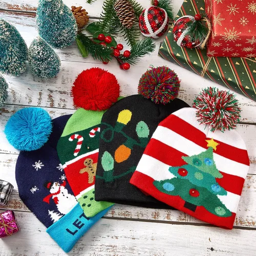 Miniatura 7 de SATINIOR 4 piezas de luces de Navidad, gorro de punto, gorro de Navidad con luces LED, sombrero de nieve LED, novedoso sombrero de invierno
