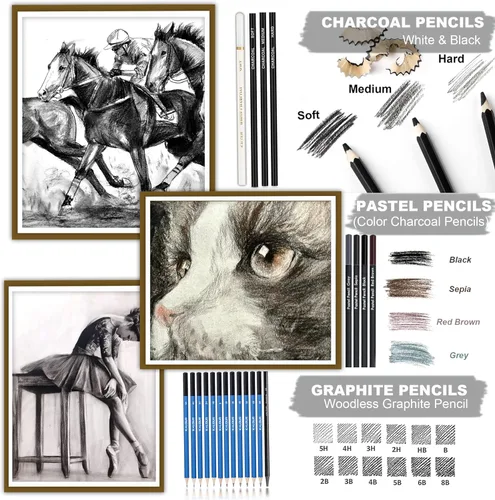 Miniatura 6 de KALOUR Juego de 76 lápices para dibujo y boceto - Suministros de arte profesional con cuaderno de bocetos y papel para acuarela - Incluye tutorial