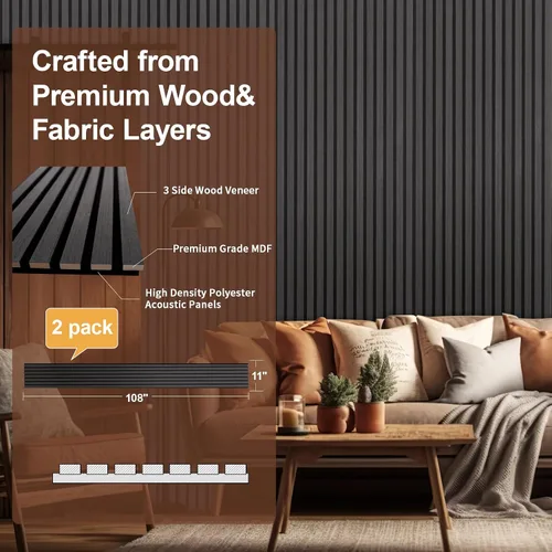 Miniatura 2 de Yuzzy Paneles de madera para pared y techo, paneles acústicos de listones de madera de 108 x 11 pulgadas, 2 unidades, paneles de pared modernos que