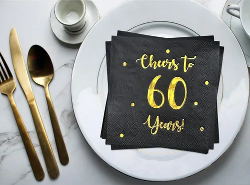 Miniatura 8 de Servilletas de cóctel de Cheers to 60 años, decoraciones de feliz cumpleaños 60 para hombres y mujeres, decoraciones de fiesta de aniversario