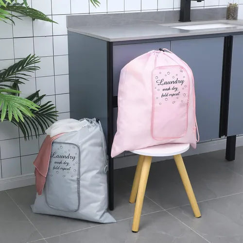 Miniatura 5 de 2 piezas de bolsa de lavandería para viaje, lavable, para ropa sucia, con cordón y cremallera para maleta, 22 x 18 pulgadas (Rosa, Gris, Burbuja)
