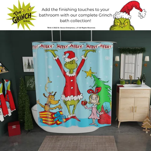 Miniatura 6 de Dr. Seuss The Grinch Holiday - Juego de cortinas de ducha de 13 piezas, cortina de tela de 72 x 72 pulgadas con ganchos, decoración de baño, lavable