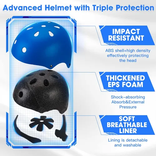Miniatura 3 de Conjunto de casco de bicicleta para niños pequeños con rodilleras, casco de ciclismo ajustable para niño y niña, equipo de protección Azul
