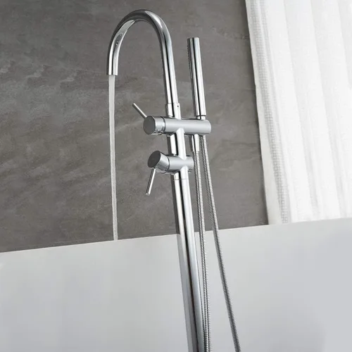 Miniatura 7 de Grifo de bañera independiente, grifos de llenado de bañera, grifos de baño de latón montados en el piso cromado con ducha de mano Cromo