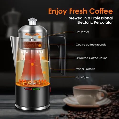 Miniatura 2 de Percolador de café eléctrico de 12 tazas, cafetera percoladora de 800 W, acero inoxidable con perilla transparente, mango de tacto frío, percolador