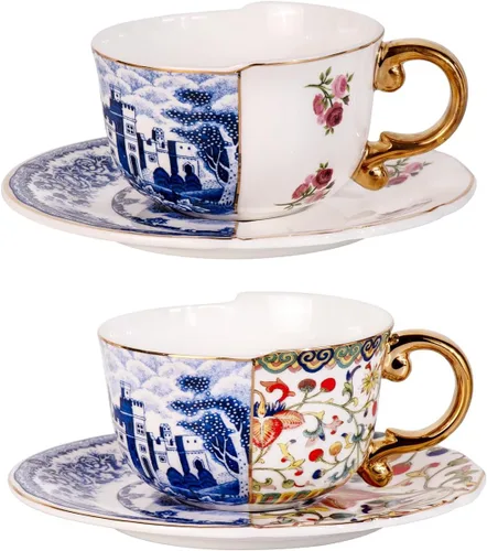 Miniatura 15 de KAMMAK Juego de 2 tazas de té y platillos, tazas de café de porcelana fina, tazas de café expreso apilables, demitasse de cerámica para café