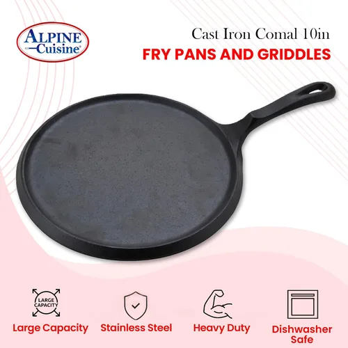 Miniatura 5 de Alpine Cuisine Plancha plana y comal de hierro fundido de 10 pulgadas Presazonada con mango duradero Utensilios de cocina de calefacción