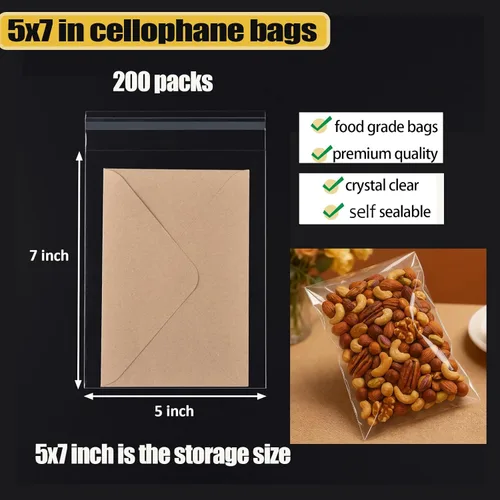 Miniatura 2 de 200 piezas de bolsas de celofán transparentes autoadhesivas de 5" x 7" (Ancho: 12.7 cm x Largo: 17.8 cm) de 2.8 mils, bolsas de polietileno