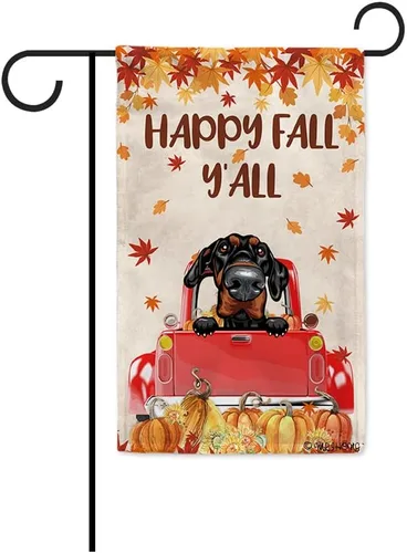 Miniatura 35 de Bandera con texto en inglés «Happy Fall Y'all» con diseño de perro inteligente con calabaza en camión rojo y hojas de arce, pancarta de otoño