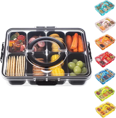 Miniatura 13 de Dingerjar Bandeja dividida para servir con tapa y asa, contenedor de charcutería para aperitivos portátiles, organizador transparente para dulces