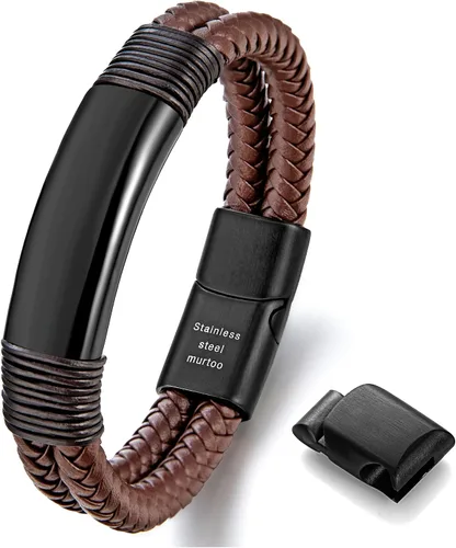 murtoo Pulsera para hombre de cuero y acero, pulseras trenzadas de doble fila para hombres con cierre magnético de acero inoxidable, regalo elegante