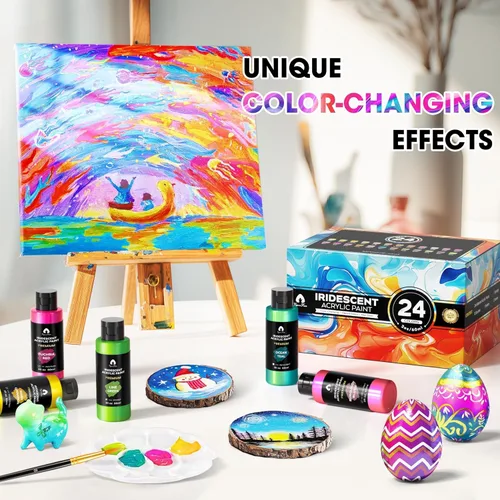 Miniatura 3 de Juego de pintura acrílica iridiscente de 40 piezas con 12 pinceles, 2 cuchillos y paleta, 24 colores (2 onzas/60 ml) - para adultos, artistas