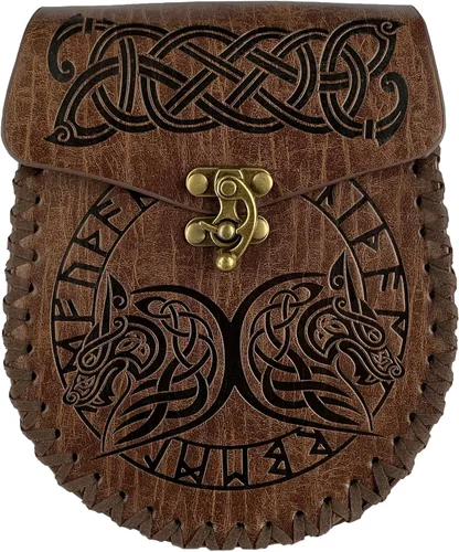 HiiFeuer Cinturón nórdico en relieve, bolsillo lateral de piel sintética medieval retro, bolso de cintura portátil vintage para LARP Ren Faire