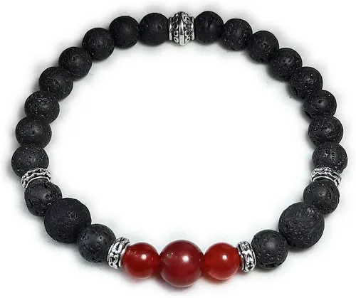 Genuine Ruby and Lava Unisex Handmade Beaded Stretch Bracelet