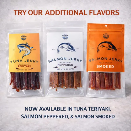 Miniatura 6 de Rublev Salmon Jerky Sabor Original – Tiras de pescado seco capturado en la naturaleza, aperitivo alto en proteínas con Omega 3, carne seca