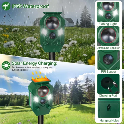 Miniatura 6 de Repelente ultrasónico de animales para exteriores, repelente y disuasorio de gatos con sensor PIR y luz intermitente, repelente de ciervos