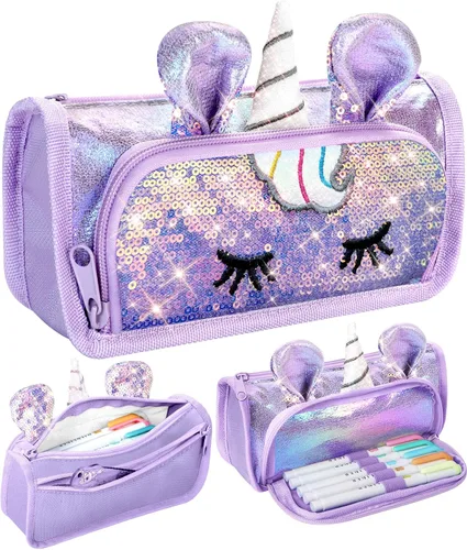 Miniatura 7 de Lindo estuche para lápices, estuche 3D para niñas y niños, bolsa brillante para lápices con lentejuelas para estudiantes, suministros escolares