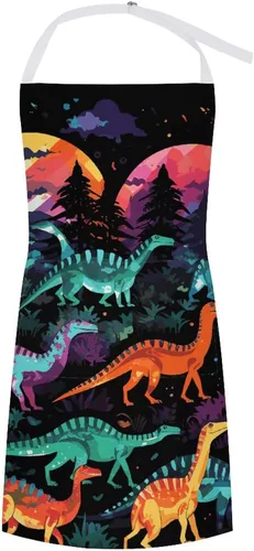 MUSM Colorful Dinosaurs on Black Background Apron,Classic Vintage Funny with Pockets Aprons,Adjustable Bib Waterdrop Resistant for Kitchen Cooking