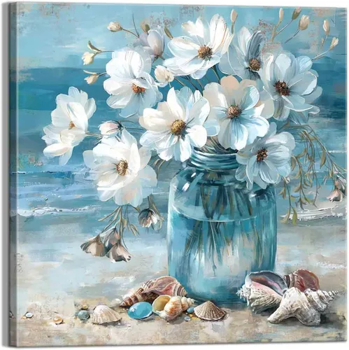 Miniatura 15 de Decoración de baño, arte de pared de playa, tema oceánico, imagen azul, impresión en lienzo, obra de arte costera moderna, enmarcada para colgar