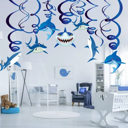 Miniatura 5 de 30 piezas de remolinos colgantes de tiburón, decoración de piscina de verano bajo el mar, decoración de fiesta temática oceánica, suministros