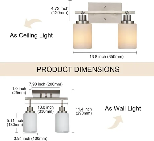 Miniatura 5 de TODOLUZ Luminarias de Riel de 2 Luces Aplique de Pared, Foco de Níquel Cepillado para Cocina Sala de Estar Comedor Pasillo, Base de Bombilla E26