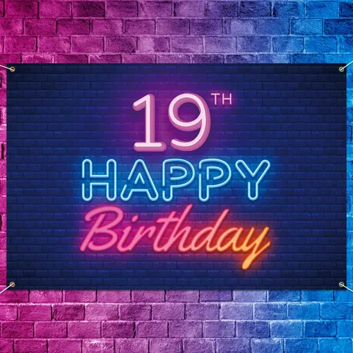 Cartel de fondo de 19 cumpleaños de neón brillante color negro – Decoración colorida brillante de 19 años para fiesta de cumpleaños temática para