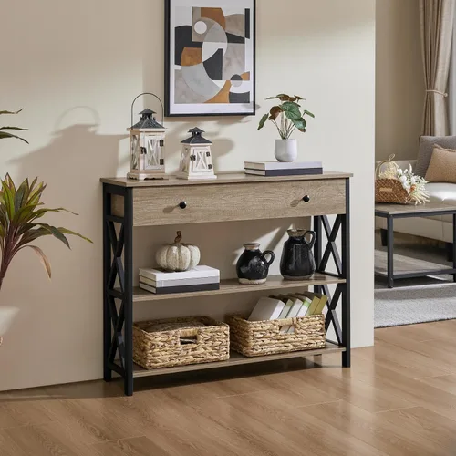 Miniatura 2 de Yaheetech - Consola con cajón, mesa de entrada con 3 repisas de almacenamiento, mesa estrecha larga para entrada, sala de estar, pasillo, sofá, Gris