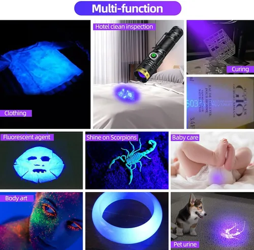 Miniatura 7 de DARKDAWN Linterna de luz UV 395nm recargable por USB, ultravioleta, LED, portátil, lámpara de madera, luz negra para detección de orina de gato, UV