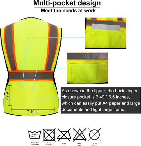 Miniatura 4 de Chaleco de seguridad reflectante Hi Vis, clase 2, con 7 bolsillos y cremallera, cumple con las normas ANSI/ISEA