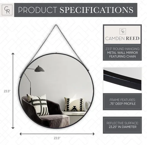 Miniatura 2 de Camden Reed Espejo de pared redondo de metal negro colgante de 23.5 pulgadas con cadena, espejo de acento, espejo de dormitorio, espejo de baño